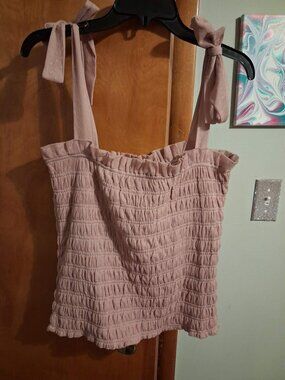 Anthropologie Pink Smocked Tank Top Size Large Bow Ties